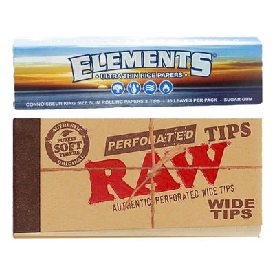 Raw Perforated Wide Tips/Roach Pad - 50 Leaves/Pack (1pc) & Elements King Size Slim Rolling Papers - 32 Leaves/Pack (1pc) Combo