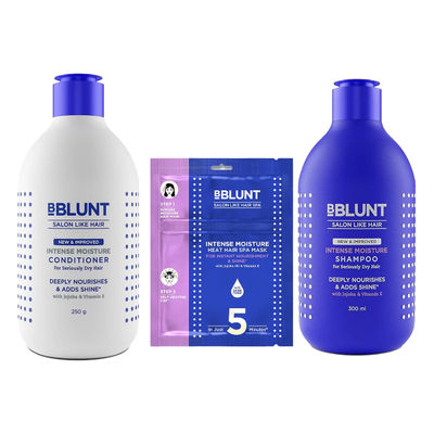 Bblunt Intense Moisture Shampoo With Jojoba And Vitamin E For Dry & Frizzy Hair (300ml) & Bblunt Intense Moisture Conditioner With Vitamin E & Jojoba For Dry & Frizzy Hair (250g) & Bblunt Intense Moisture Heat Hair Spa Mask (70g) Combo