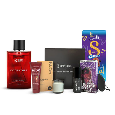 Bold Care Limited Edition Honeymoon Gifting Pack For Him & Her - Strawberry Flavour(1pc), Cadbury Dairy Milk Silk Oreo Chocolate Bar Valentine's Gift Pack(130gms) & Beardo Godfather Perfume Edp(100ml) Combo