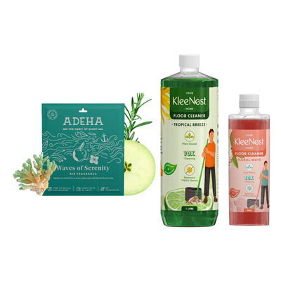 Kleenest Natural Floor Cleaner Tropical Breeze, Plant Based Kids & Pet Friendly (1.5l) & Adeha Air Freshener Waves Of Serenity Pouch (20g) Combo