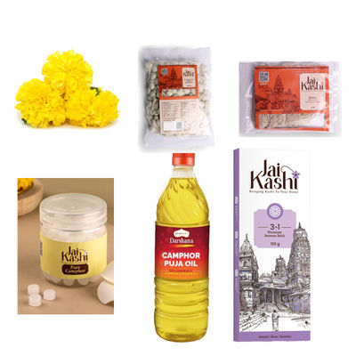 Marigold (100g) & Jai Kashi 3 In 1 Premium Incense Stick (150g) & Jai Kashi Pancha Deepam Pooja Oil (1l) & Jai Kashi Pure Camphor (50g) & Jai Kashi Janeu (4pc) & Jai Kashi Round/ Flower Cotton Wicks (200pc) Combo