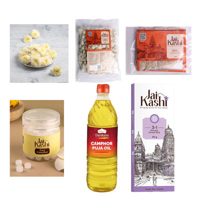 Chrysanthemum White (100g) & Jai Kashi 3 In 1 Premium Incense Stick (150g) & Jai Kashi Pancha Deepam Pooja Oil (1l) & Jai Kashi Pure Camphor (50g) & Jai Kashi Janeu (4pc) & Jai Kashi Round/ Flower Cotton Wicks (200pc) Combo