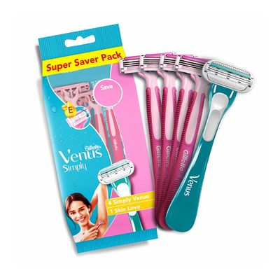 Gillette Venus Simply Hair Removal Razor for Women, 4 simply & 1 skin love (Pack of 5)