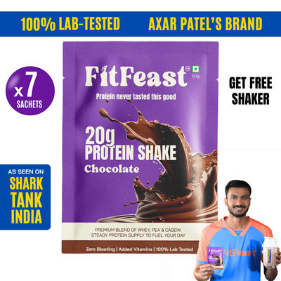 FitFeast Lab-Tested Chocolate 20g Protein Shake Sachets (7) + Free Shaker | Zero Bloating Guarantee