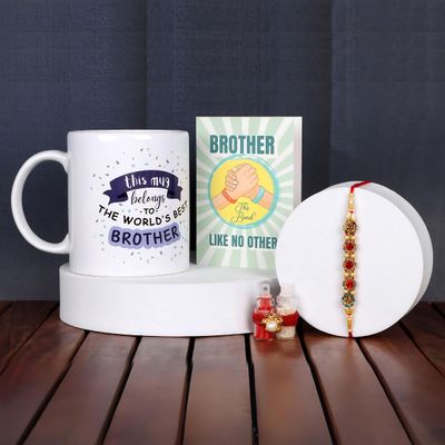Quace Rakhi Mug and Greeting Card Roli Chawal Combo - Personalized and Festive