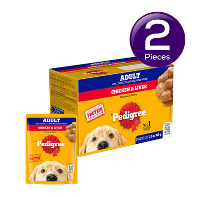 Pedigree Adult Chicken & Liver Chunks In Gravy Wet Dog Food, 15 x 70g,Pack of 2