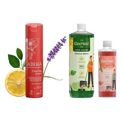 Kleenest Natural Floor Cleaner Tropical Breeze, Plant Based Kids & Pet Friendly (1.5l) & Adeha Room Freshener Spray Dancing Dawn (218ml) Combo