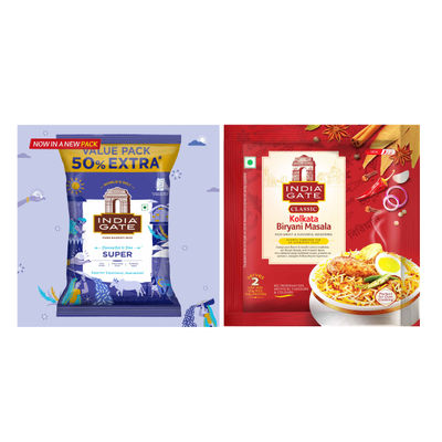 India Gate Flavourful And Fine Super Basmati Rice | Perfectly Aged Rice (1500g) & India Gate Kolkata Classic Biryani Masala 70 Gram (70g) Combo