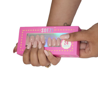 Soezi Press On Nails- Beige Craze- 24 Reusable Nails - Ready To Wear Kit - Medium Oval