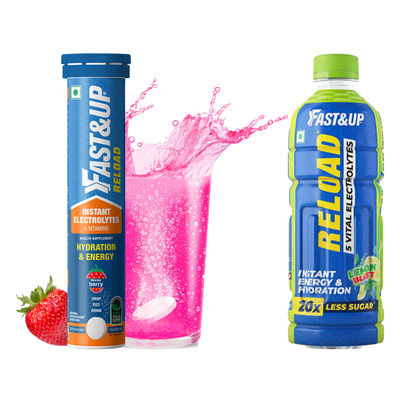 Fast&Up Reload Ready To Drink ~ Low Sugar Energy Drink Instant Energy & Hydration Drink - Lemon Flavour (500ml) & Fast&Up Reload Berry Instant Energy Drink 5 Essential Electrolytes (20pc) Combo