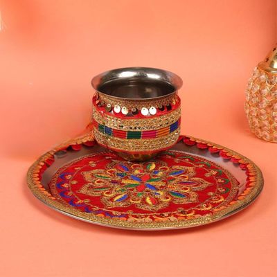 Sanskriti Red Transtional Handcrafted Designer Pooja Thali Kalash Set