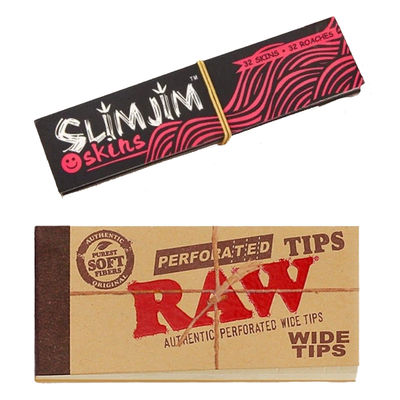 Slimjim Skins Original King Size + Tips (1pc) & Raw Perforated Wide Tips/Roach Pad - 50 Leaves/Pack (1pc) Combo