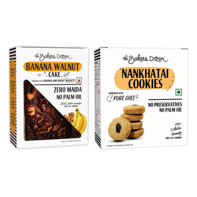 The Baker'S Dozen Wholewheat Banana Walnut Cake (150g) & The Baker'S Dozen Nankhatai Cookies With 24% Pure Ghee No Palm Oil (105g) Combo