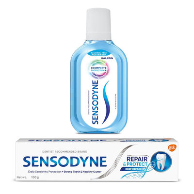 Sensodyne Mouthwash Complete Protection+ (100ml) & Sensodyne Toothpaste Repair & Protect, Tooth Paste For Deep Repair Of Sensitive Teeth (100g) Combo