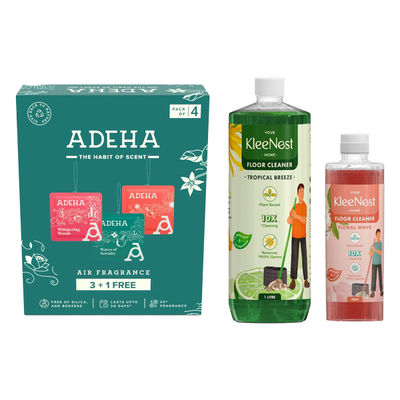 Kleenest Natural Floor Cleaner Tropical Breeze, Plant Based Kids & Pet Friendly (1.5l) & Adeha Air Freshener Pouch (80g) Combo
