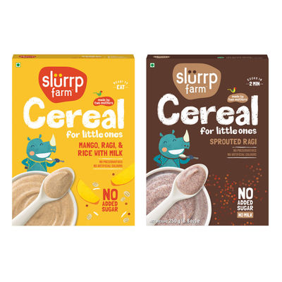 Slurrp Farm No Added Sugar Cereal - Ragi, Rice And Mango With Milk, No Preservatives, Made With Multigrain Millets, 200 Gm(200gms) & Slurrp Farm No Added Sugar, No Salt, Sprouted Ragi Powder, No Milk, 250 Gm(250gms) Combo