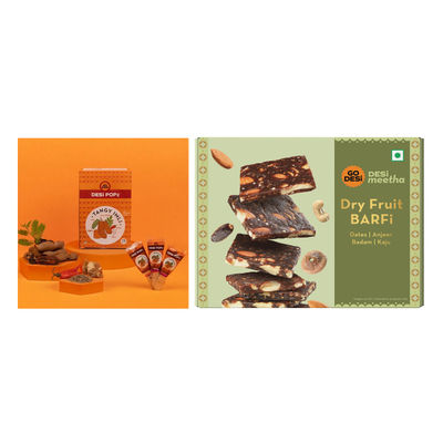Tangy Imli (Tamarind) 10 Pcs Sour Candy | No Refined Sugar | Lollipop By Go Desi (10pc) & Dry Fruit Barfi | No Added Refined Sugar | Burfi | Sweets | By Go Desi (200g) Combo