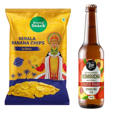 Toyo Kombucha Exotic Peach Kombucha(330ml) & Beyond Snã¡Ck Kerala Banana Chips - Desi Masala(75gms) Combo