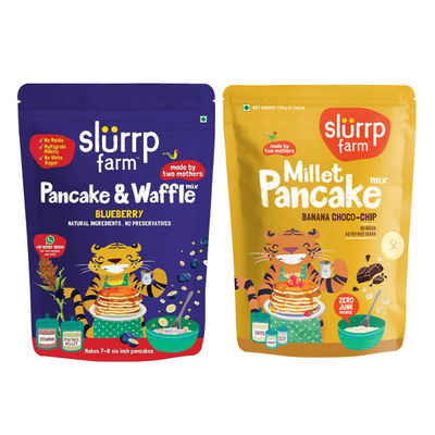 Slurrp Farm Millet Eggless Pancake Mix With Blueberries | No Maida | Healthy Breakfast (150g) & Slurrp Farm Millet Eggless Pancake Mix With Banana Choco Chip | No Maida | Healthy Breakfast (150g) Combo
