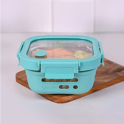 Glasafe Fresh Grip Borosilicate Glass Tiffin With Protective Silicone Sleeve (Mellow Mist) 520Ml