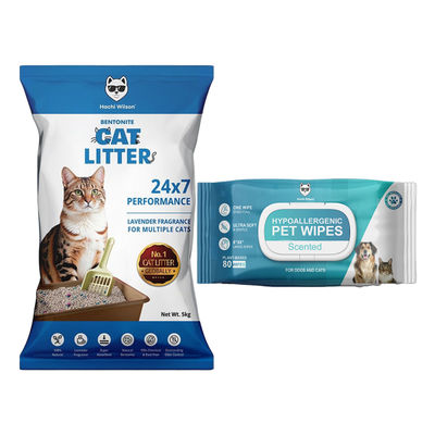 Hachi Wilson Premium Cat Litter Globally No1 Cat Litter (5kg) & Hachi Wilson Premium Plant Based Pet Wipes (Dog/Cat) , Extra 25% Bigger Size (1pc) Combo