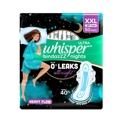Whisper Bindazzz Nights 50 XXL Sanitary Pads, Upto 0% Leaks All Night Long