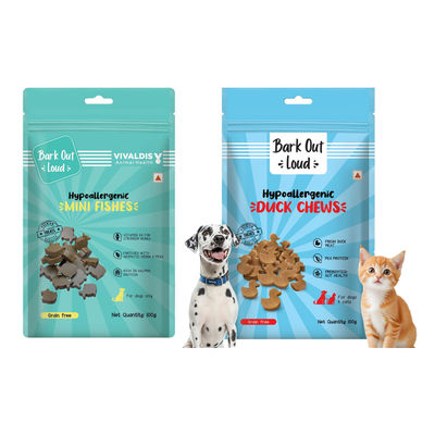 Bark Out Loud Duck Meat Treats For Cats And Dogs Hypoallergenic (100g) & Bark Out Loud Mini Fishes Dog Treats - No Grain & Hypoallergenic Snack For Dogs (100g) Combo