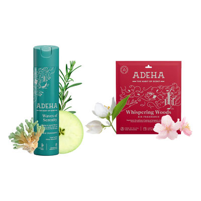 Adeha Air Freshener Whispering Woods Pouch (20g) & Adeha Room Freshener Spray Waves Of Serenity (218ml) Combo