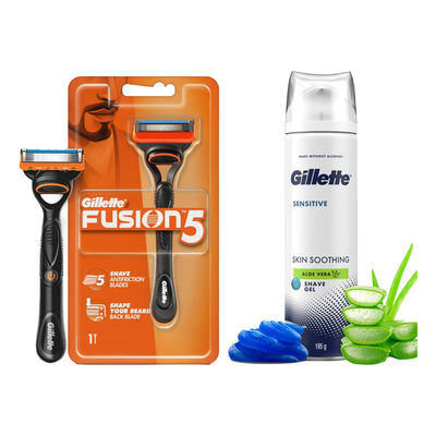 Gillette Fusion Manual Shaving Razor For Men (1pc) & Gillette Sensitive Shaving Gel Soothing With Aloe Vera (195g) Combo