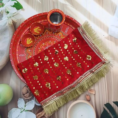 Gullak Velvet Mata Ki Chunri - Red | 13 x 21 inch