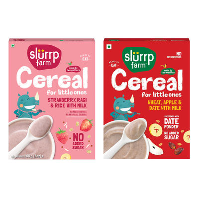 Slurrp Farm Ragi Rice Strawberry Instant Healthy Cereal, Mildly Sweetened With Date Powder, 200 Gm(200gms) & Slurrp Farm Cereal - Wheat, Apple & Date With Milkno Added Sugar No Powder 1 Pcs(1pc) Combo