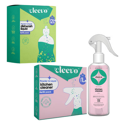 Cleevo Natural Kitchen Cleaner Spray Bottle Pack Cleans Stove Chimney Tile Powder To Liquid (1l) & Cleevo Natural Dishwash Liquid Pack Non-Toxic Eco-Friendly Powder To Liquid Lime (2l) Combo