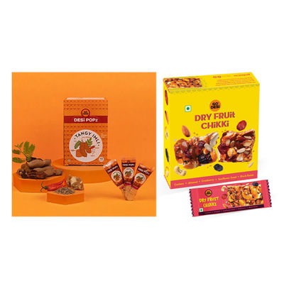 Tangy Imli (Tamarind) 10 Pcs Sour Candy | No Refined Sugar | Lollipop By Go Desi (10pc) & Dry Fruit Chikki 45% Dry Fruits Bar, Pack Of 6 Pcs By Go Desi (168g) Combo