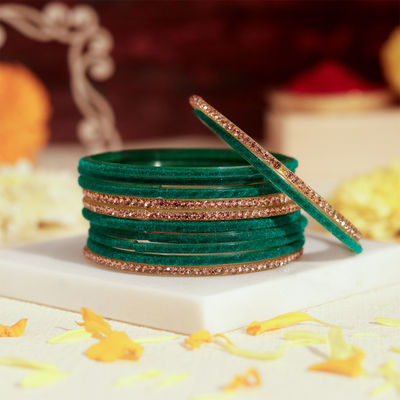 Oye Happy Green & Gold Velvet Bangles Size 2.6