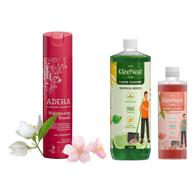 Kleenest Natural Floor Cleaner Tropical Breeze, Plant Based Kids & Pet Friendly (1.5l) & Adeha Room Freshener Spray Whispering Woods (218ml) Combo