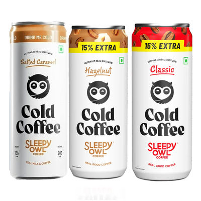 Sleepy Owl Cold Coffee Can - Classic(200ml), Sleepy Owl Cold Coffee Can - Hazelnut(200ml) & Sleepy Owl Cold Coffee Can - Salted Caramel(200ml) Combo