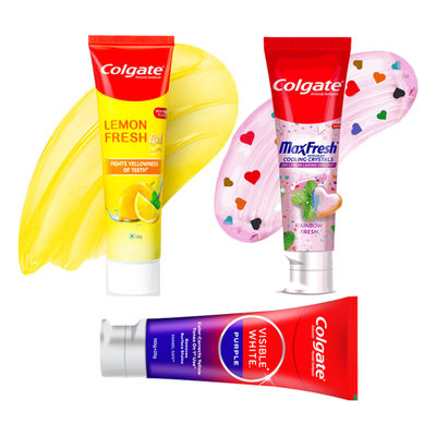 Colgate Maxfresh Rainbow Fresh Gel Toothpaste With Heart Shaped Crystals, Triple Mint Flavour (100g) & Colgate Visible White Purple Toothpaste | Color-Corrects Yellow Tones (120g) & Colgate Lemon Fresh Gel Toothpaste | Fights Yellowness Of Teeth | Freshens Breath (250g) Combo