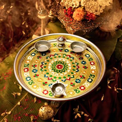 Divine Vibes Golden Puja Thali Design Size 10.75 Inch