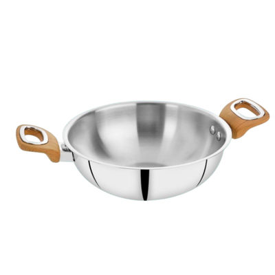 Embassy Thickply Kadhai 2000 ml, Wooden-Finish Handle, Size 12, Premium Stainless Steel