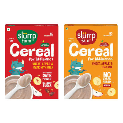 Slurrp Farm Cereal - Wheat, Apple & Date With Milkno Added Sugar No Powder 1 Pcs(1pc) & Slurrp Farm Wheat Apple & Banana Instant Healthy Cereal 100% Natural No Added Sugar No Milk, 300 Gm(300gms) Combo