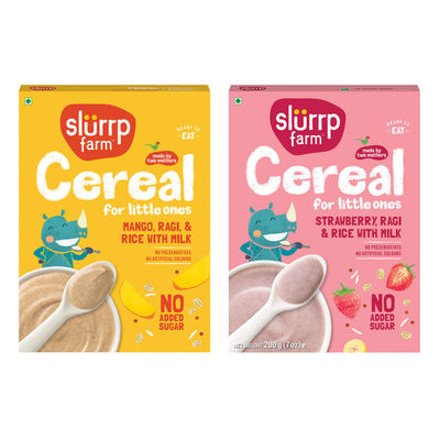 Slurrp Farm No Added Sugar Cereal - Ragi, Rice And Mango With Milk, No Preservatives, Made With Multigrain Millets, 200 Gm(200gms) & Slurrp Farm Ragi Rice Strawberry Instant Healthy Cereal, Mildly Sweetened With Date Powder, 200 Gm(200gms) Combo