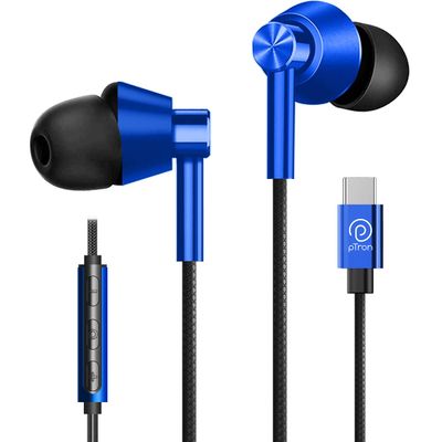 pTron Boom Play Type-C Wired Earphones Stereo Sound In-Line Mic Metal Buds 1.2M Long - Blue