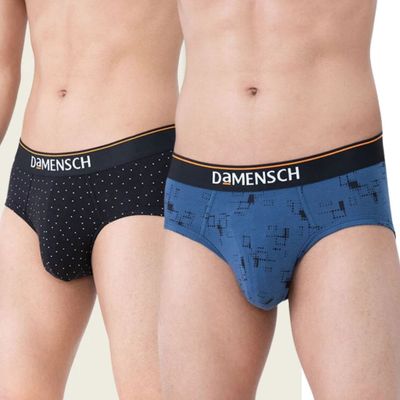 DaMENSCH Men's Brief | Printed Basic, Deo Cotton | Black Space Dot and Navy Pixels - M