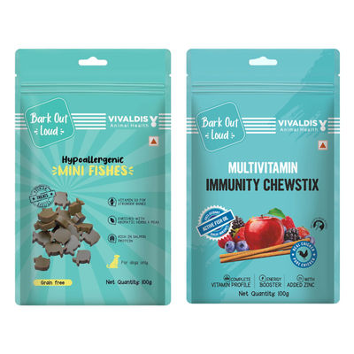 Bark Out Loud Mini Fishes Dog Treats - No Grain & Hypoallergenic Snack For Dogs (100g) & Bark Out Loud - Multivitamin Dog Treats, Fresh Chicken Immunity Chewstix With Omega & Zinc To Boost Health (100g) Combo