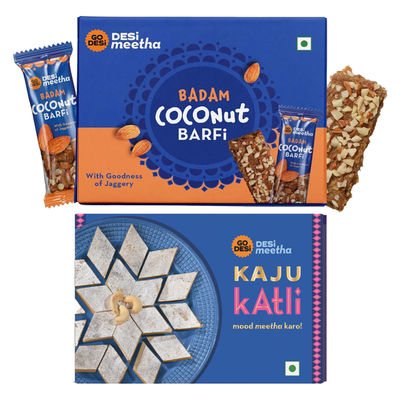 Kaju Katli Classic | Kaju Barfi | Sweets | By Go Desi (200g) & Badam Coconut Barfi, 8 Pcs | Burfi | Sweets | By Go Desi (96g) Combo