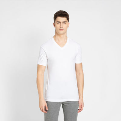 Jockey Men Cotton Rich V Neck Half Sleeve T-shirt | White - L