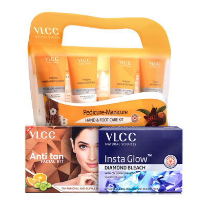 VLCC Anti Tan Single Facial Kit(60gms), VLCC Insta Glow Diamond Bleach(60gms) & VLCC Pedicure-Manicure Hand & Foot Care Kit(1pc) Combo