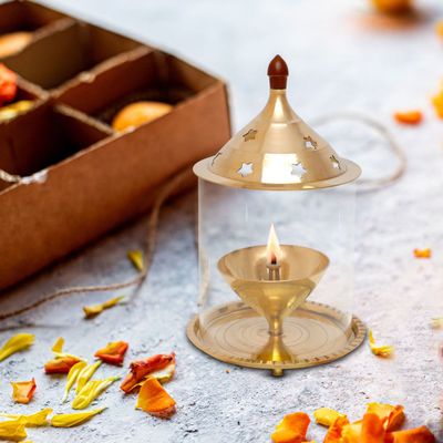 Shubhkart Nitya Brass Akhand Jyot Aaradhya Diya With Borosilicate Glass Medium