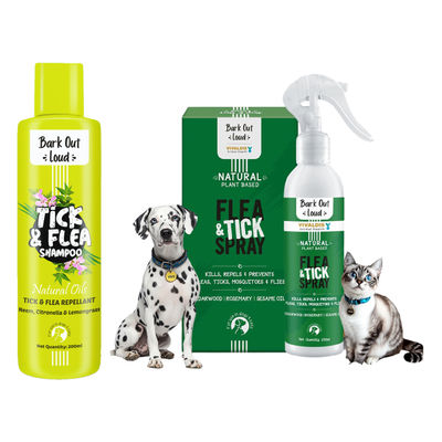 Bark Out Loud Natural Tick And Flea Spray | For Dogs And Cats (200ml) & Bark Out Loud Natural Tick And Flea Shampoo | For Cats & Dogs (200ml) Combo