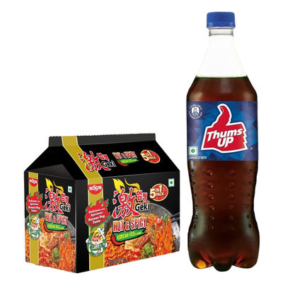 Nissin Geki - Hot And Spicy Korean Veg Flavoured Ramen Instant Noodles | 5 In 1 Pack (400g) & Thums Up Soft Drink (750ml) Combo